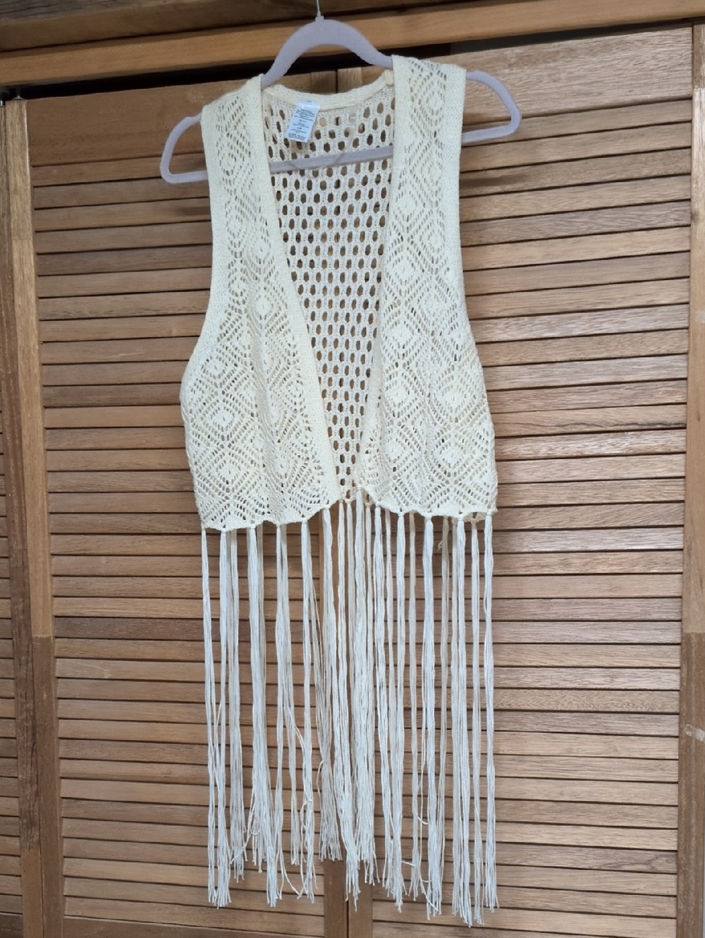 Source Unknown Cream Crochet Fringe Vest